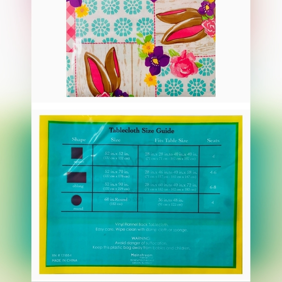 Easter Tablecloth Spring Bunny Floral Patchwork Vinyl & Flannel 52x70" Rectangle - Picture 2 of 8